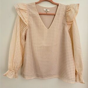 Entro Gingham Ruffle Top Sheer Puff Sleeve Blouse Lined Bodice Size M